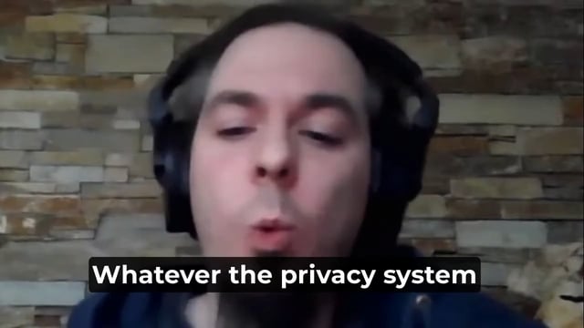 The image shows an interview with Amaury Séchet discussing the importance of privacy-focused subnets and sidechains for users' data protection. The focus on privacy is emphasized by a caption that reads, "Privacy is valuable, but so is auditability." This highlights how privacy-focused approaches can provide enhanced security while still allowing for auditing and transparency in the system.