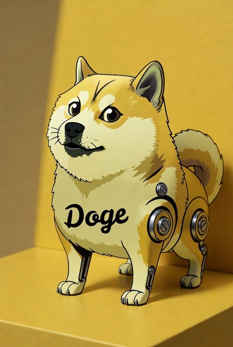 A cartoon illustration of a robotic Shiba Inu dog with mechanical joints and the word 'Doge' tattooed on its chest, standing in a yellow-lit corner.