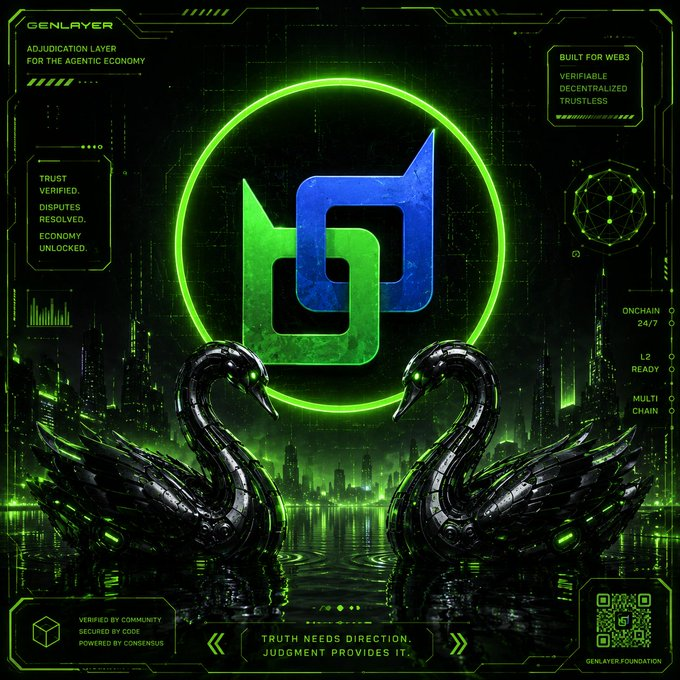 A futuristic graphic for 'GENLAYER' featuring 'ADJUDICATION LAYER FOR THE AGENTIC ECONOMY' with text 'TRUST VERIFIED. DISPUTES RESOLVED. ECONOMY UNLOCKED.' and 'TRUTH NEEDS DIRECTION. JUDGMENT PROVIDES IT.'