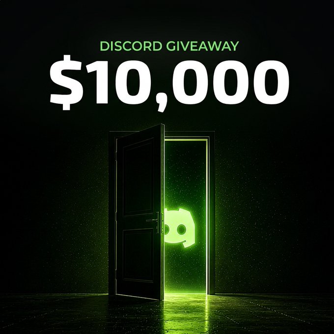A dark, atmospheric promotional graphic featuring a doorway glowing with green light and revealing the Discord logo, with bold text reading "DISCORD GIVEAWAY" and "$10,000" above it—matching the post's announcement of a $10,000 giveaway on Discord.