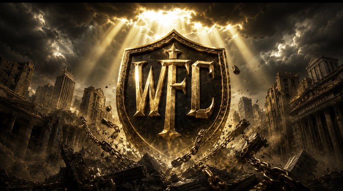 The image features a shield with the letters "WFC" written on it, surrounded by rubble from a destroyed city. The backdrop of the scene includes buildings that have been reduced to rubble due to an explosion or some other form of destruction. The overall atmosphere suggests chaos and devastation in the area.