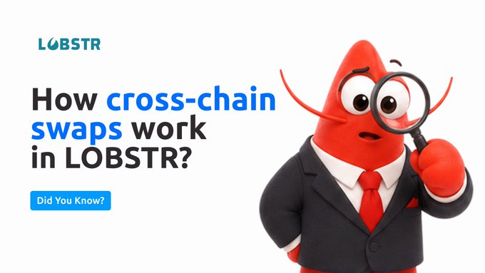 LOBSTR promotional graphic titled 'How cross-chain swaps work in LOBSTR?' featuring a red cartoon lobster in a suit holding a magnifying glass, with a 'Did You Know?' button.