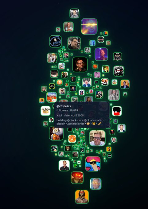 The image displays a tree-shaped visualization of Twitter/X followers centered on the account @cbspears, which has 19,878 followers and joined in April 2008, with handles like @blockspace, @oklomalbtc, and @BitcoinAccelerationist visible. The post expresses the author's frustration as a top 20 supporter of Bitcoin Improvement Proposal (BIP) 110 about unclear messaging regarding whether the proposal is delayed or cancelled, which the image visually reinforces by showing the interconnected network of accounts that form this Bitcoin-focused community.