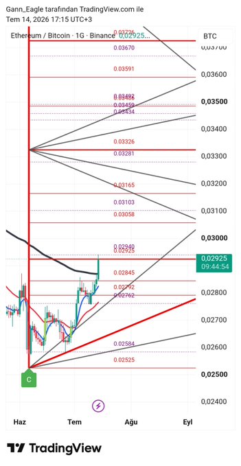 A TradingView Ethereum/Bitcoin (ETH/BTC) price chart with Turkish interface labels (Gann.Eagle tarafından) showing Gann fan lines and the current price at 0.02925.