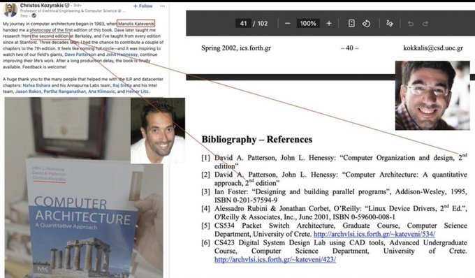 The image displays a Twitter post by Christos Kozyrakis (@ckozyrakis), a professor at Stanford, showing a photo of him holding the book "Computer Architecture: A Quantitative Approach" by John L. Hennessy and David A. Patterson, alongside a bibliography slide referencing Hennessy and Patterson's seminal works on computer architecture and parallel programming.

The image contrasts with the accompanying post about Pi Node's GPU-dependent infrastructure by highlighting foundational academic literature on CPU-based computer architecture, suggesting that the post's premise about Pi Node "relying on CPU instead of GPUs" may misrepresent standard decentralized systems that leverage specialized hardware.