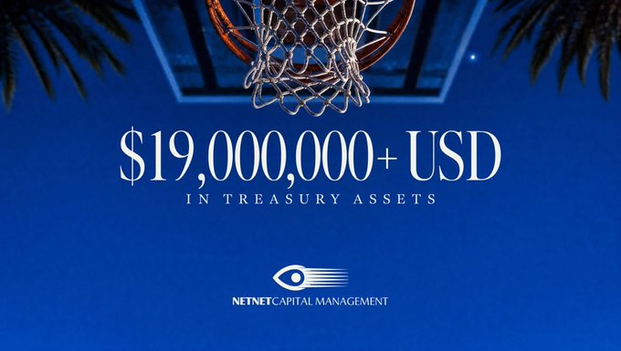 A promotional graphic with a blue background featuring a basketball hoop and net, displaying the text '$19,000,000+ USD IN TREASURY ASSETS' above the logo for 'NETNET CAPITAL MANAGEMENT'.