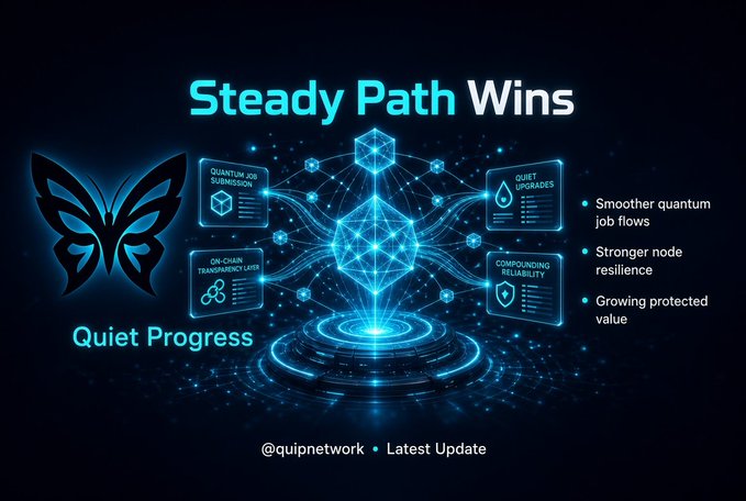 A futuristic blue graphic titled "Steady Path Wins" showcases Qui Network's "Quiet Progress" through a glowing quantum-style hub connected to panels highlighting "Quantum Job Submission," "On-Chain Transparency Layer," "Quiet Upgrades," and "Compounding Reliability," with bullet points noting smoother quantum job flows, stronger node resilience, and growing protected value, tagged "@quipnetwork • Latest Update." The image visually reinforces the post's message by framing the project's methodical, infrastructure-focused development as a deliberate "steady path" that quietly delivers compounding improvements rather than flashy hype.