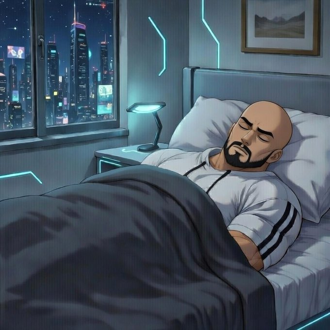 The image features a man sleeping peacefully in bed with his eyes closed. The room has a window that overlooks a city skyline at night, adding an urban touch to the scene. There are also neon lights visible outside the window, suggesting that the city is lit up even during nighttime hours. The post about HYPE and the word "SOL" appears to be related to the image or its context in some way.