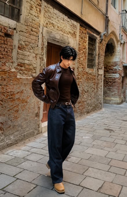A young man with dark hair wearing a brown leather jacket, dark shirt, and jeans stands on a cobblestone street near an old brick building.