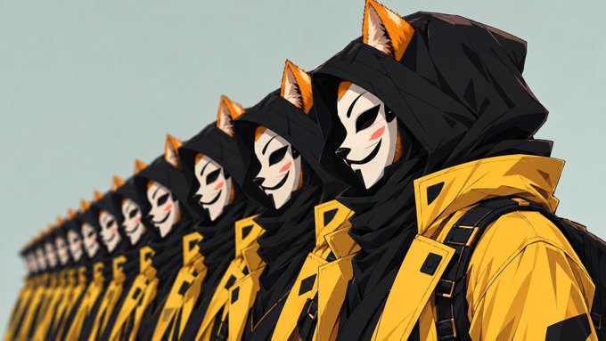 An AI-generated illustration showing a line of figures wearing yellow jackets, black hoods with fox ears, and white masks with red markings.