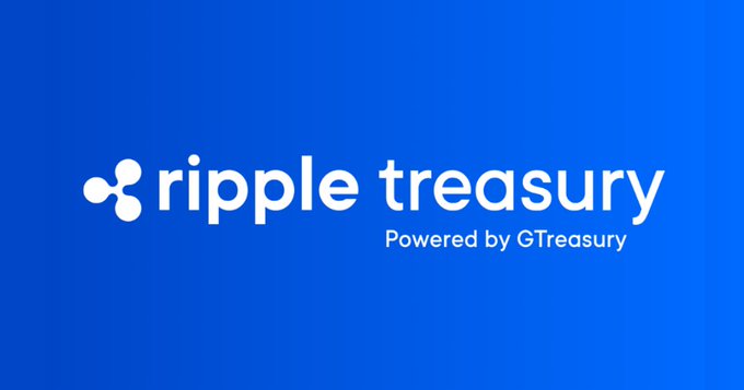 The image displays the Ripple Treasury logo on a blue background with the text "ripple treasury" and "Powered by GTreasury" beneath it. This relates to the post as it highlights Ripple's expansion of GSmart within their Ripple Treasury platform, introducing AI agents to enhance treasury operations like forecasting, liquidity, and risk management.