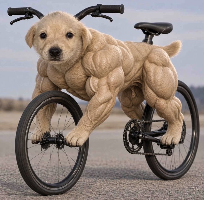 A surreal AI-generated image of an extremely muscular, bodybuilder-style golden puppy posed on a bicycle against a desert landscape.
