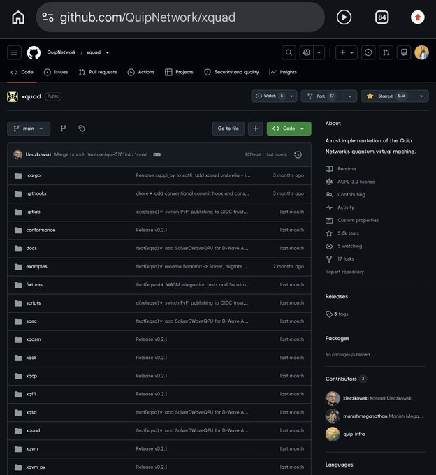 GitHub repository page for QuipNetwork/xquad, a Rust implementation of the Quip Network's quantum virtual machine, displaying folders like cargo, conformance, docs, and a 3.4k star rating.