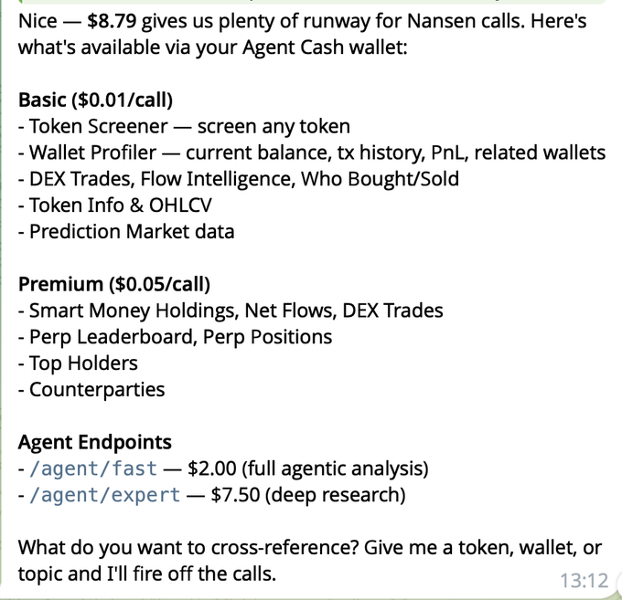 The image features a screenshot of a text that provides details about a cryptocurrency analysis tool called @nansen_ai. This tool allows users to fetch data from various sources, such as @nansen_ai.com or@nansenAI.io. When used in conjunction with the tool named x402, it can be an effective way for researchers and analysts to obtain onchain data for their analysis tasks. The user interface displays the cost of using this tool per query, which amounts to $100/ month or $5/query depending on the payment method.
