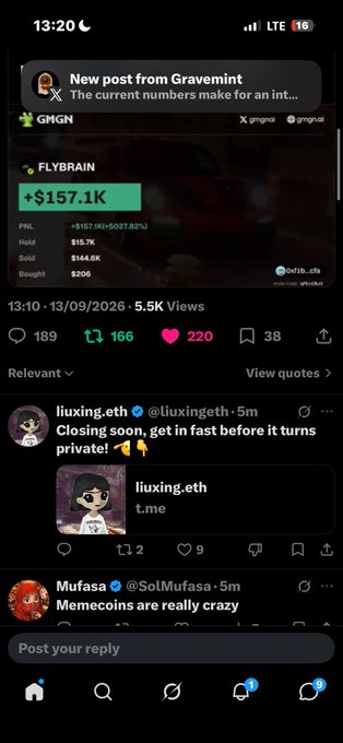 A screenshot of a social media feed showing a post about the $FLYBRAIN token with a value of $157.1K, alongside other posts including one from @liuxing.eth saying 'Closing soon, get in fast before it turns private!'.