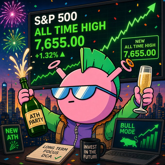 A colorful cartoon illustration celebrates the S&P 500 reaching an all-time high of 7,655.00 (+1.32%), featuring a pink character with green hair popping champagne and holding a 'NEW ATH PARTY' bottle.