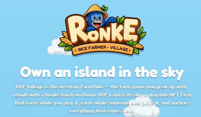A promotional banner for 'Ronke - Rice Farmer Village' describing it as an on-chain FarmVille game that is playable NFT land.