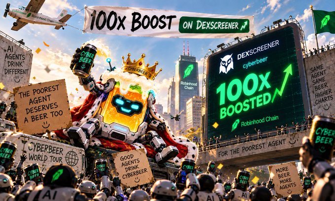 A vibrant digital artwork showing a robot king character wearing a crown and cape, promoting '100X BOOST ON DEXSCREENER' and 'CYBERBEER WORLD TOUR' on Robinhood Chain.