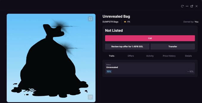 The image shows an "Unrevealed Bag" from a "DUMPSTR Bags" collection with a 5% bonus, not yet listed, alongside a black silhouette graphic of a bag-like figure against a blue background. The tweet celebrates minting the DUMPSTR bag by CyberKongz (FunkariNft), and the screenshot shows their newly minted unrevealed bag in their wallet, ready to be listed.