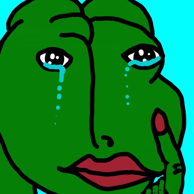 Illustration of a green Pepe the Frog-style cartoon character with crying eyes and tears streaming down its face against a bright cyan background
