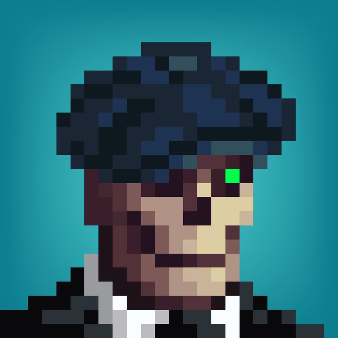 A pixel art portrait of a person with dark hair and a green eye against a teal background, wearing a black jacket with white collar.