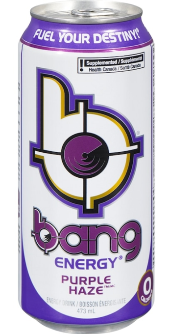 The image features a can of purple energy drink called "BANG" with purple text on its label, which reads "Purple Haze", "Energy", and "BANG Energy". The can also has a picture of a purple target on it. The post mentions that this energy drink is for fueling your Destiny, implying that the energy drink provides an energy boost to help achieve one's goals or fulfill their dreams.

The image shows the can of energy drink sitting against a white background with black text and a purple target design.