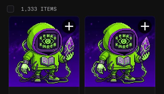 Two identical pixel-art NFT characters depicting a green hooded figure with 'CHAD KARDS' on the visor holding a purple flame, displayed under a '1,333 ITEMS' count.