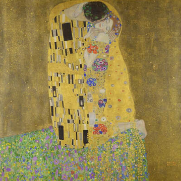 The image features a painting by the artist Gustav Klimt, titled "The Kiss", which depicts two lovers embracing each other. The painting is predominantly yellow with black and white accents, creating a striking contrast that highlights the intensity of the kiss depicted in the artwork. The background of the painting is a dark brown color, providing a dramatic backdrop for the couple's embrace. The image also includes a post by René Magritte titled "The Son of Man" which adds an intellectual layer to the piece and invites viewers to contemplate its meaning.