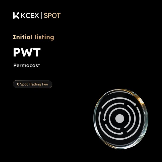A promotional announcement for the initial listing of PWT (Permacast) on KCEX Spot exchange, featuring '0 Spot Trading Fee' and a circular maze-like token logo.