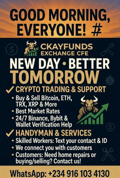 A promotional graphic from CKAYFUNDS EXCHANGE CFE advertising crypto trading services and handyman work, featuring a sunrise background with a bull and bear mascot, listing supported coins like Bitcoin, ETH, TRX, and XRP, and providing WhatsApp contact +234 916 103 4130—matching the morning greeting and crypto trading offer in the post.