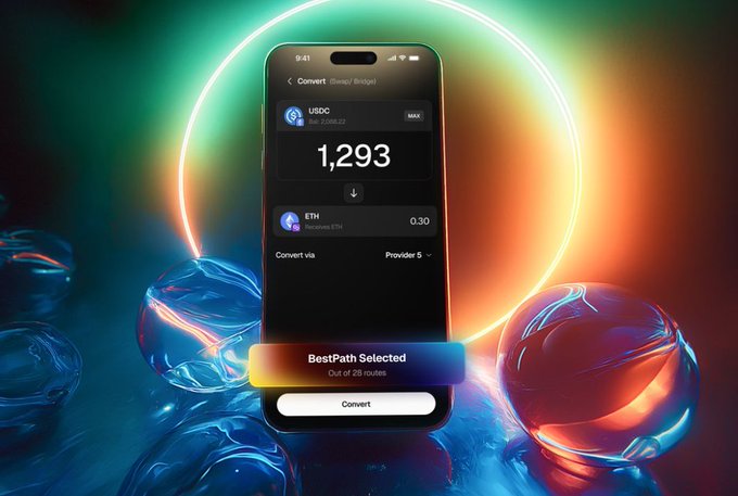 The image shows a smartphone with an app icon displayed that says "convert" on its screen, indicating that the phone is being used as a tool for conversion or translation purposes. The background of the image features neon lights, which adds a vibrant and dynamic element to the scene. The text in the image reads: "True chain abstraction is about intent, not manual labor." This message emphasizes the importance of understanding the underlying concepts behind the app's functionality rather than relying on manual intervention for conversion tasks.