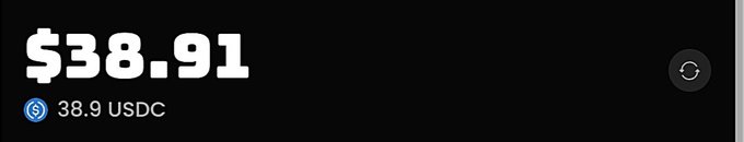 A dark interface displays a balance of "$38.91" and "38.9 USDC" alongside a refresh icon.