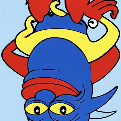 A colorful cartoon illustration of an upside-down creature with a blue body, yellow face features, and red hair/appendages against a light blue background.