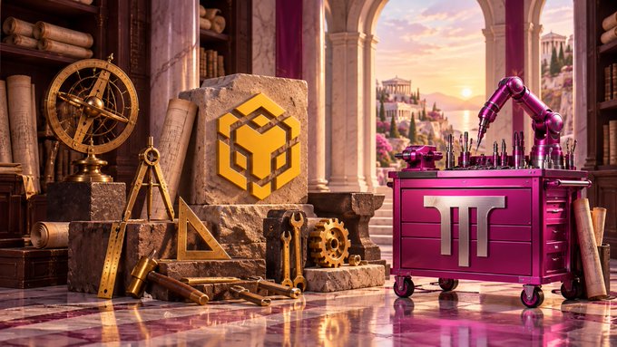 A digital artwork displays ancient architectural tools and a golden Binance logo next to a pink toolbox with the Pi Network symbol, set against a classical Greek backdrop.