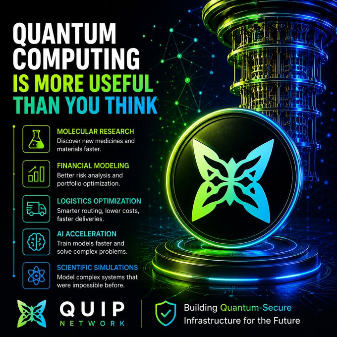 A promotional graphic for 'QUIPT NETWORK' titled 'Quantum Computing is More Useful Than You Think,' listing applications like molecular research, financial modeling, and AI acceleration, with text 'Building Quantum-Secure Infrastructure for the Future.'