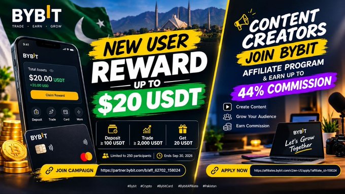 A promotional advertisement for Bybit cryptocurrency exchange highlights 'NEW USER REWARD UP TO $20 USDT' and a 'CONTENT CREATORS JOIN BYBIT AFFILIATE PROGRAM' offering up to 44% commission.