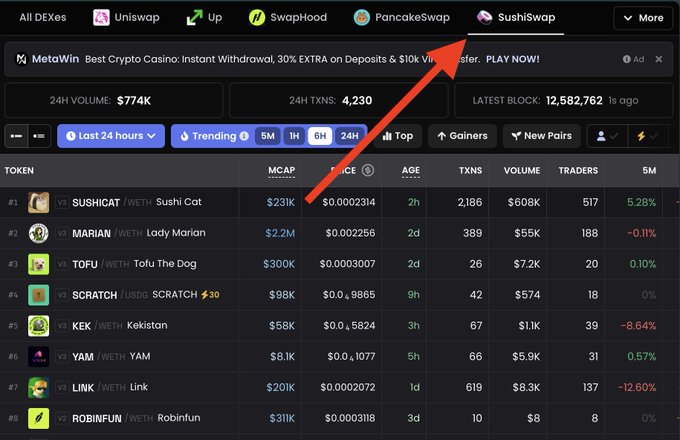 The image shows a cryptocurrency tracker highlighting SushiSwap, with "SUSHICAT" listed as the #1 token. This visually supports the post's message about pushing SushiSwap forward and aiming to "flip" PancakeSwap.