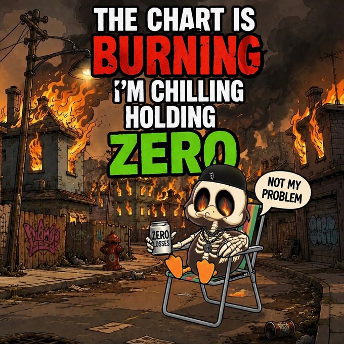 A meme illustration of a skeleton in a black cap relaxing in a beach chair holding a 'ZERO LOSSES' can, with text reading 'THE CHART IS BURNING I'M CHILLING HOLDING ZERO' and 'NOT MY PROBLEM' in a burning city backdrop.