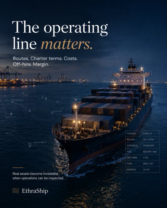 An EthraShip advertisement features a large container ship at night with the headline "The operating line matters," highlighting voyage details including Voyage FR24-07 on the SG-KTM route covering 10,892 NM with a TCE of $28,450/day and a 23.7% margin, illustrating that the real business fundamentals—routes, costs, and off-hire—must be inspectable onchain before a vessel-backed asset can be meaningfully tokenized.