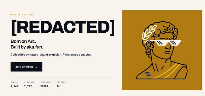 A promotional graphic for an NFT project titled "[REDACTED]" on the Arc network, built by aka.fun, featuring an illustration of a classical bust wearing pixelated sunglasses.