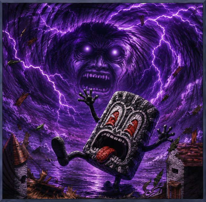 The image features a cartoon character, possibly a monster or a giant rock, with its mouth open wide as if roaring. The character appears to be standing near water, which could be a river or an ocean. In the background, there are lightning bolts and houses, suggesting that this scene takes place in a stormy environment.

The caption "This is the right time to be $MON Stakeholder! Say @monad Louder!" implies that the image is related to a social media post about being a stakeholder or a member of a community. The character's open mouth and the lightning bolts in the background could represent the character's roar, which might symbolize their importance or dominance within the community.