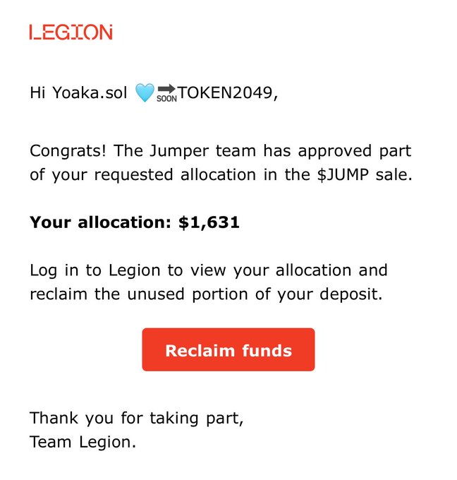 An email notification from Legion addressed to 'Yoaka.sol' announces a JUMP token sale allocation of $1,631, with a red 'Reclaim funds' button.