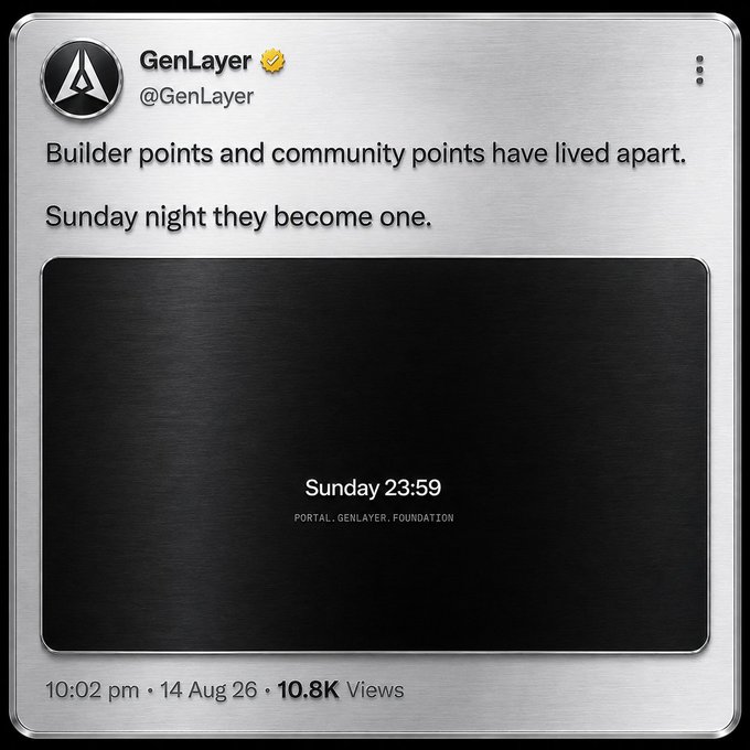A tweet from GenLayer (@GenLayer) announcing that builder points and community points will merge on Sunday at 23:59 (posted on 14 Aug 26, 10.8K views). The image serves as the official announcement card for the upcoming point unification, which ties into the post's reminder to take action before the 16 August snapshot.