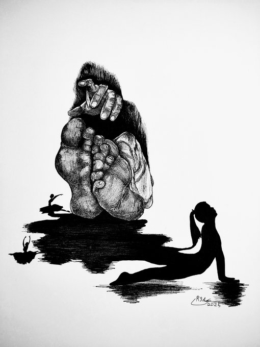 A black and white ink illustration showing a large monstrous foot with a hand gripping the toes, while a small silhouetted figure of a woman sits beside it, signed 'RSA 2026'.