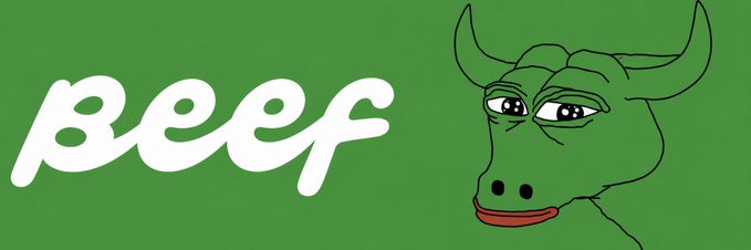 A Pepe the Frog cartoon character is depicted on a green background next to the white "BEEF" text, tying into the post's theme of remembering Pepe's origins and reconnecting with the $BEEF token as a new bull market emerges.
