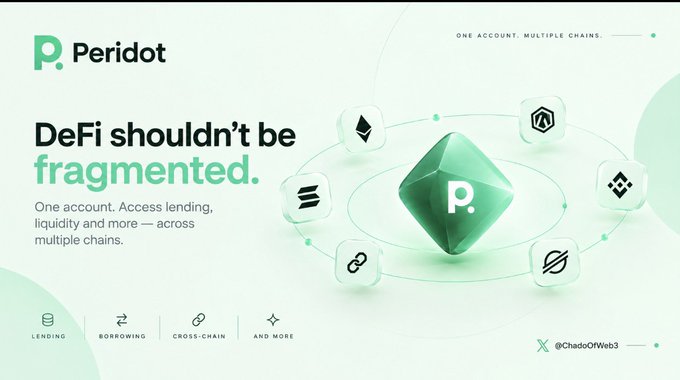 A promotional graphic for 'Peridot' DeFi platform stating 'DeFi shouldn't be fragmented.' with the tagline 'ONE ACCOUNT. MULTIPLE CHAINS.' and showing various crypto chain logos.
