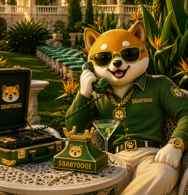A cartoon Shiba Inu wearing sunglasses and a green "$BABYDOGE" shirt chats on a vintage telephone beside an open briefcase and a rotary phone, both branded with the $BABYDOGE logo, in a luxurious garden setting. The image playfully illustrates the post's message, depicting the iconic $BABYDOGE mascot as the voice on the other line urging investors to "lock in."