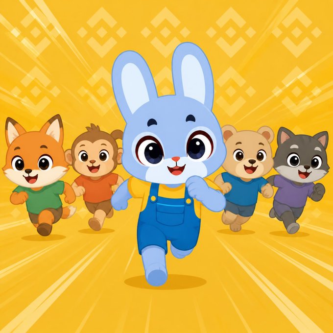 A cheerful blue bunny leads a group of smiling animal friends—a fox, monkey, bear, and cat—all running energetically forward against a vibrant yellow background with motion lines, perfectly capturing the "Full steam ahead!" enthusiasm with their lively, determined expressions.