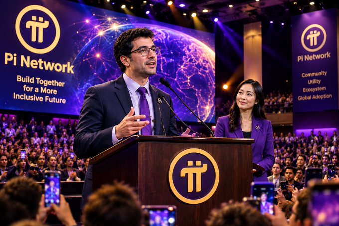 A man in glasses speaks at a podium bearing the Pi Network logo, with banners reading 'Pi Network Build Together for a More Inclusive Future' and 'Community Utility Ecosystem Global Adoption' behind him.