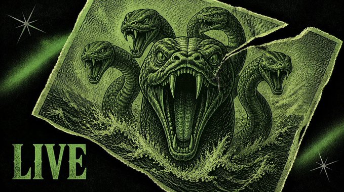 The image features a green-toned illustration of a multi-headed hydra emerging from water, displayed on a torn paper backdrop with "LIVE" in bold green text in the lower left corner, visually reinforcing the "THE HYDRA IS LIVE" announcement about the token's ten trading pools seeded across various pairs.